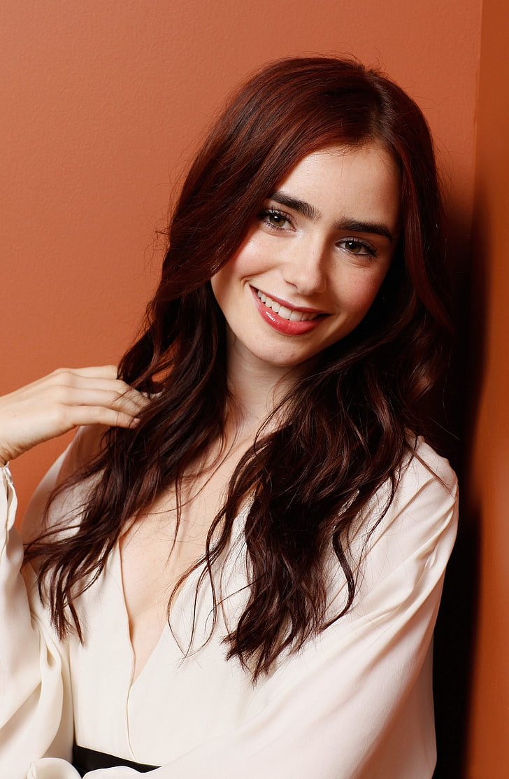 women's white long-sleeved top, Lily Collins, celebrity, brunette