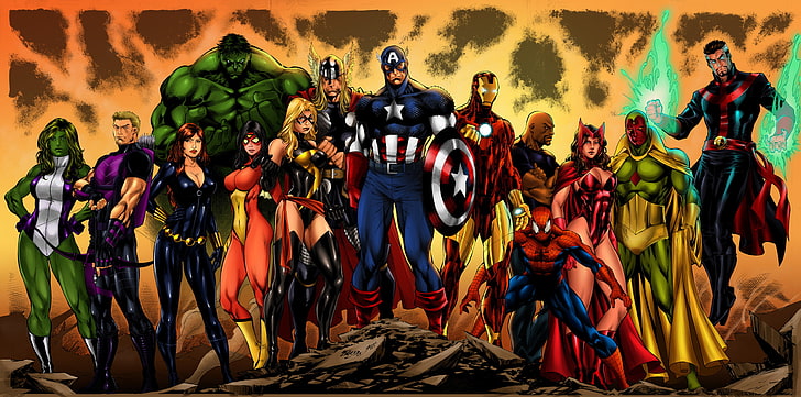 Marvel illustration, Hulk, Iron Man, Captain America, Thor, Black Widow