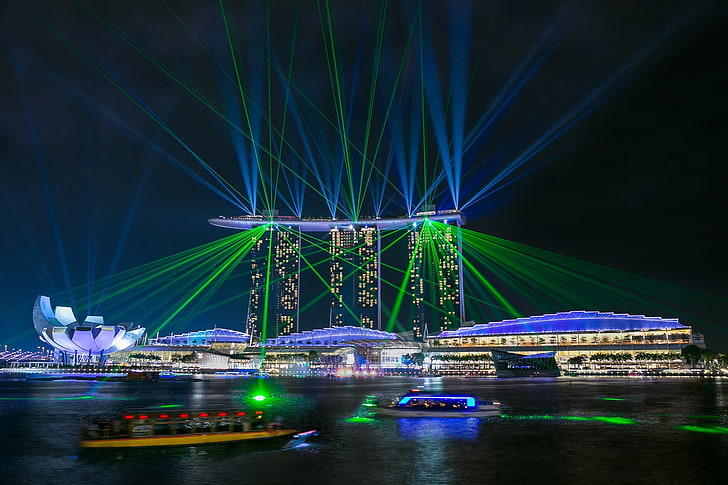 Marina Bay Sands, Singapore, glare, lights, laser show, night, HD wallpaper