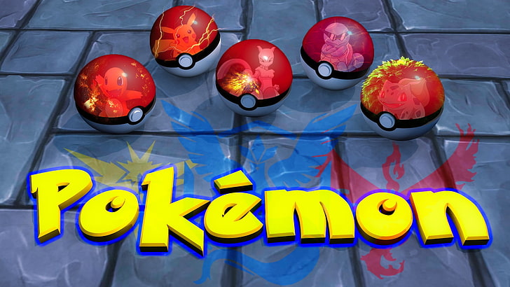 five Pokemon poke balls, Pokemon Go, Cinema 4D, Photoshop, Pikachu