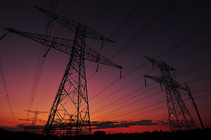 sunset, power lines
