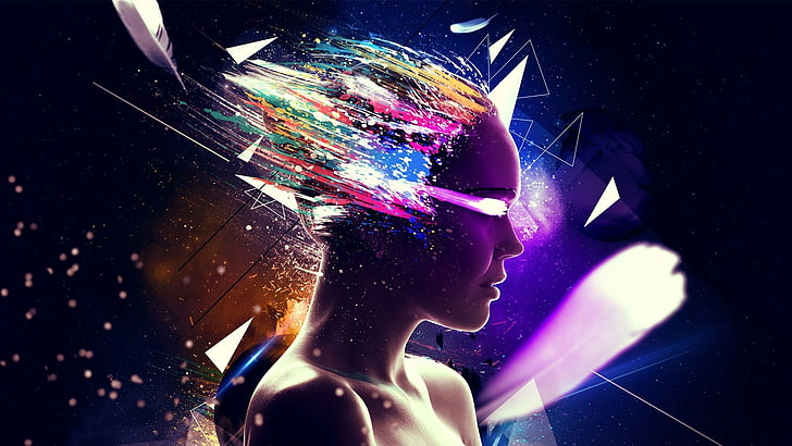 woman with multicolored hair digital wallpaper screenshot, music