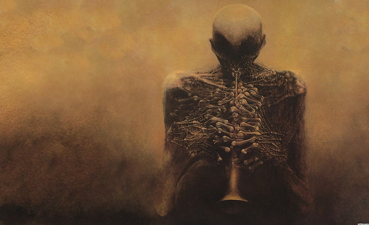 skull wallpaper, Zdzisław Beksiński, creepy, bones, skeleton, HD wallpaper