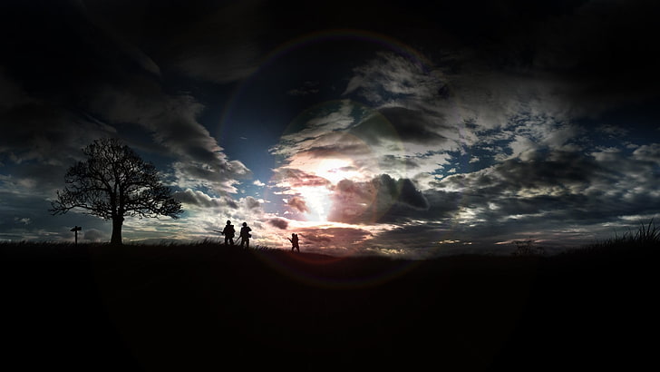 trees and people silhouette, sunlight, soldier, clouds, digital art