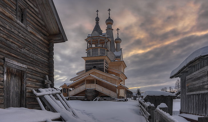 Russia, village, winter, church, architecture, built structure, HD wallpaper
