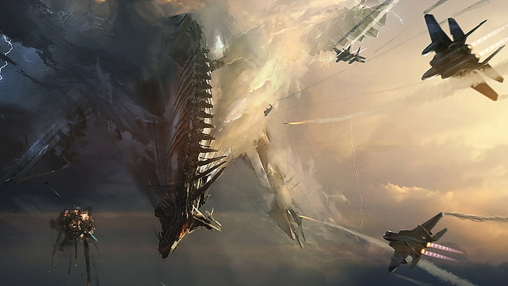 war plane lot, artwork, fantasy art, dragon, jets, sky, battle