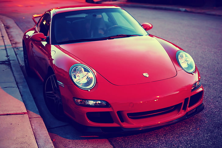 red car, Porsche 911, red cars, vehicle, haze, pink, mode of transportation, HD wallpaper