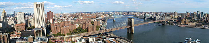 city, triple screen, wide angle, New York City, cityscape, Brooklyn Bridge