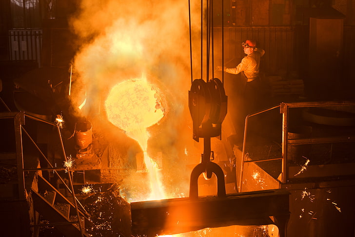 fire, heat, sparks, molten metal, smelting factory worker
