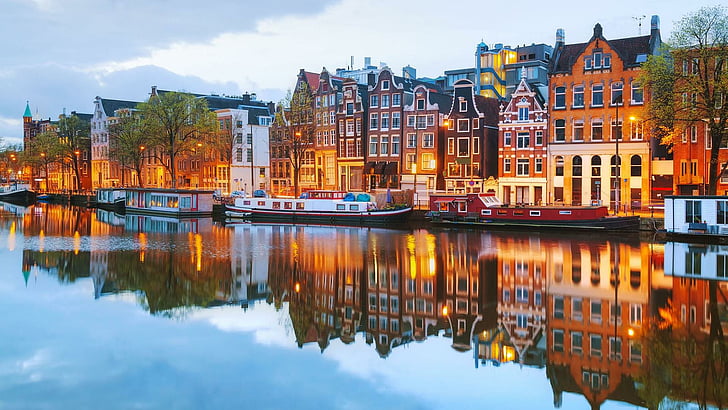 amsterdam, netherlands, europe, canal, water, reflected, reflection, HD wallpaper