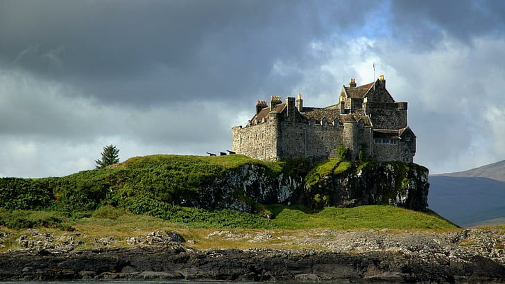 Duart Castle Isle Of Mull Scotl, island, grass, clouds, rocks