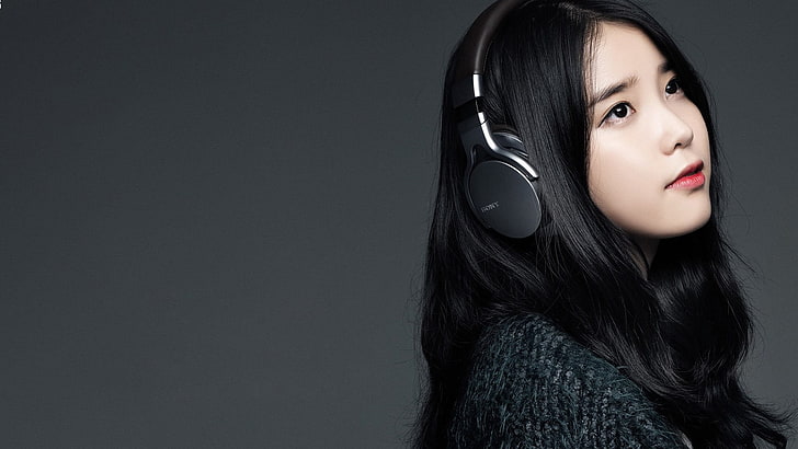 black Sony headphones, K-pop, IU, portrait, one person, beauty