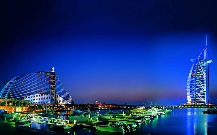 Dubai, night, boat, hotel, cityscape, HD wallpaper