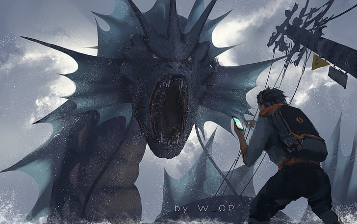 man standing in front of dragon digital wallpaper, fantasy art
