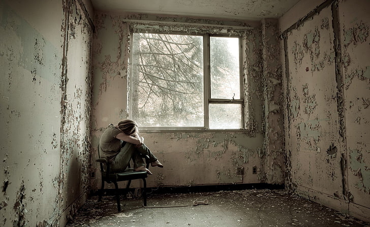 chair, women, room, ruin, alone, window, abandoned, damaged