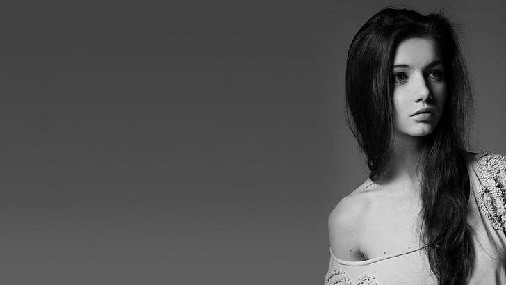monochrome, women, face, simple background, long hair, model