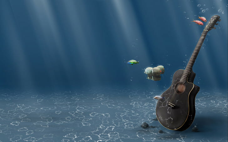 Guitar, under, Water, fish, digital, art, 1920x1200