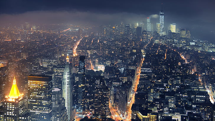 City, New York City, Cityscape, Mist, Lights, Skyscraper, new york city aerial photo, HD wallpaper