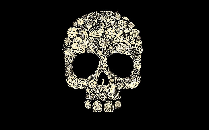 calavera illustration, white floral skull mandala art, digital art