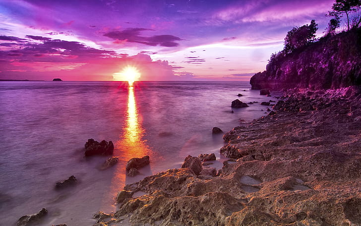 Sunset On A Rocky Beach In Magenta Hdr Hd Wallpaper 601780