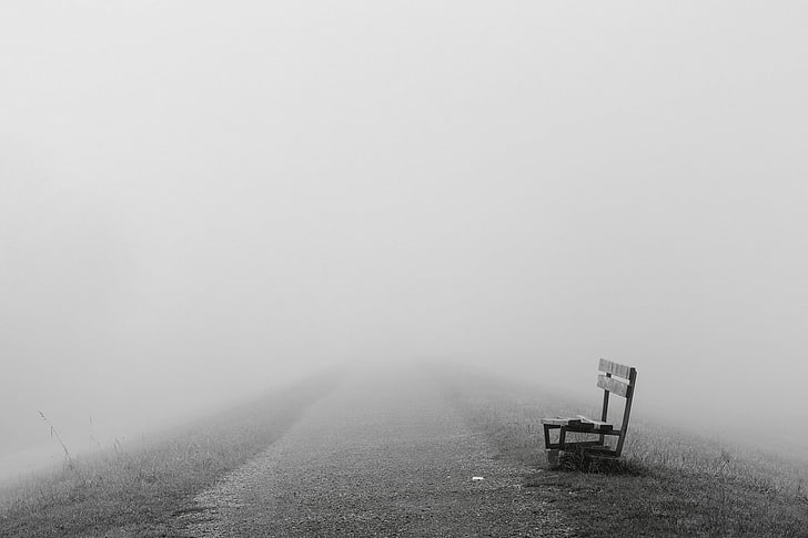 gray bench, mist, path, fog, nature, no people, copy space, land, HD wallpaper