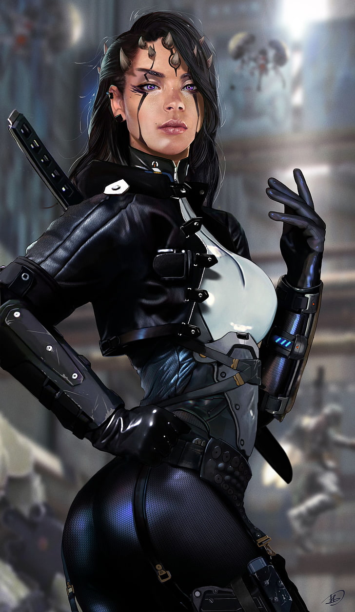 female character in black leather jacket, woman wearing black leather armor