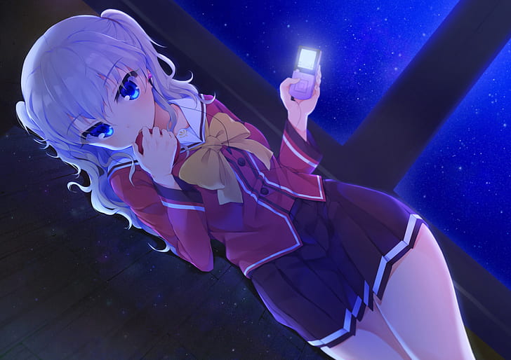 Charlotte (anime), school uniform, white hair, blue eyes, Tomori Nao