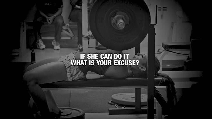 black bench press with if she can do it what is your excuse? text overlay, HD wallpaper