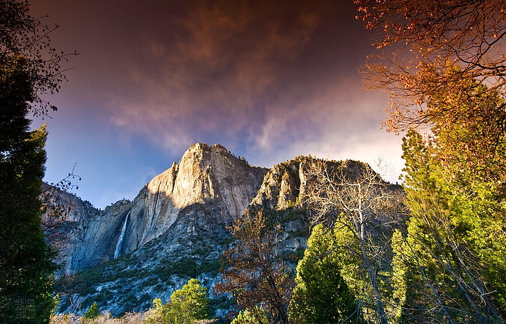 brown and blue mountain, Yosemite National Park, waterfall, mountains