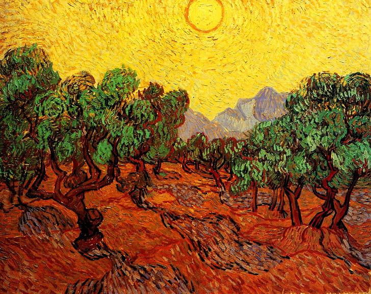 the sun, trees, mountains, Vincent van Gogh, with Yellow Sky