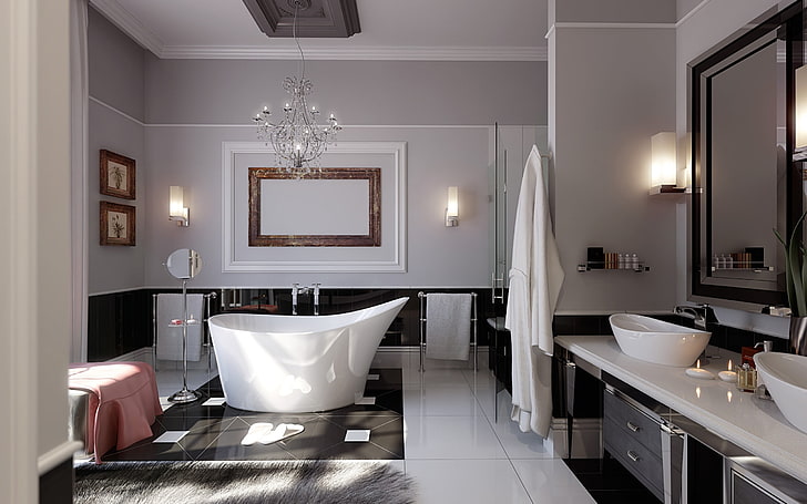 white bathtub, candles, chandelier, modern, luxury, indoors, elegance