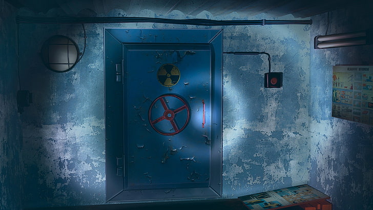 blue metal container, radioactive, no people, indoors, abandoned