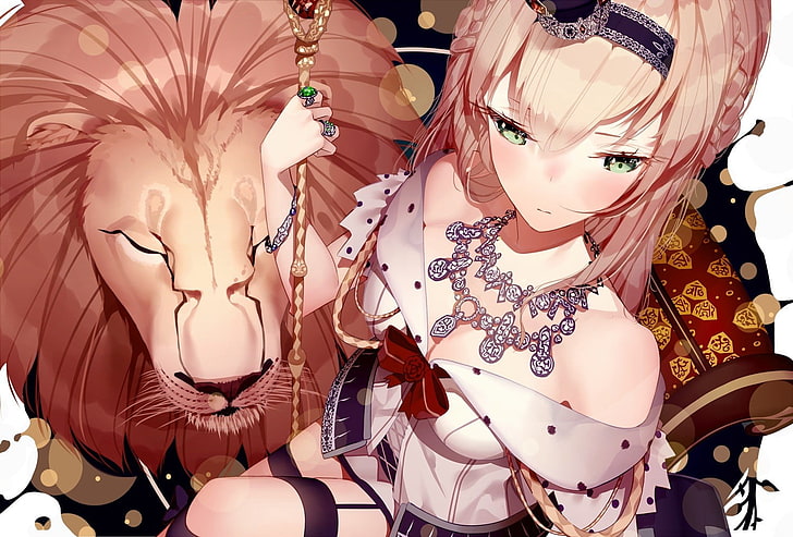 female anime character holding staff with lion illustration, animals