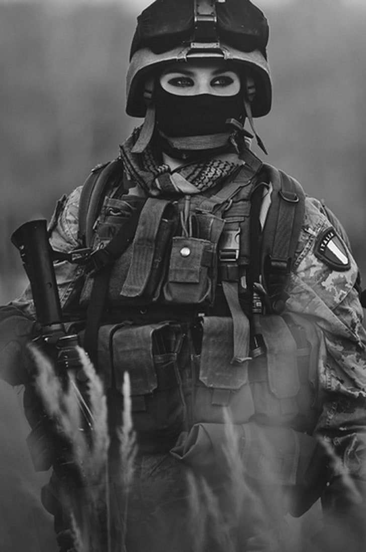 woman wearing combat gear grayscale photo, grayscale photography of soldier