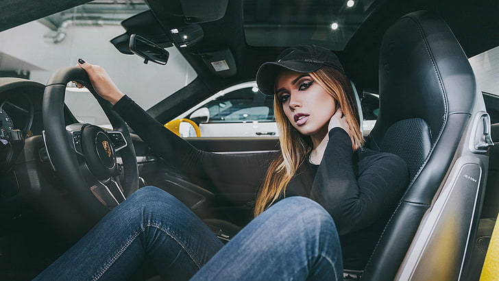 women, baseball caps, blonde, pants, jeans, sitting, women with cars