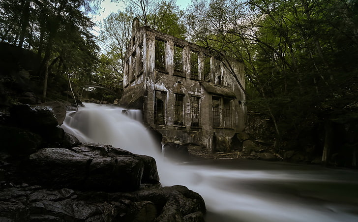 ruin, house, abandoned, long exposure, tree, waterfall, plant, HD wallpaper