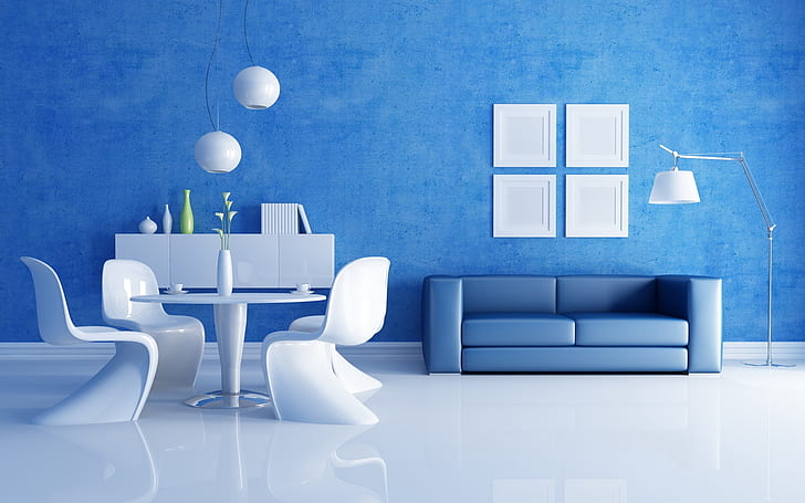 Blue and White Living Room, house, sofa, table, chairs, HD wallpaper