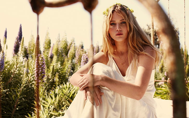 Beautiful Actress Jennifer Lawrence, women's white v neck wide strap dress