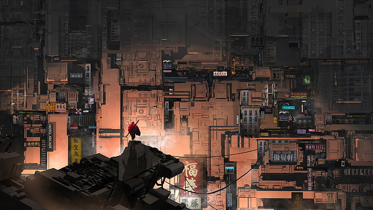 city skyline digital wallpaper, animated person wearing red cape standing on building during night time