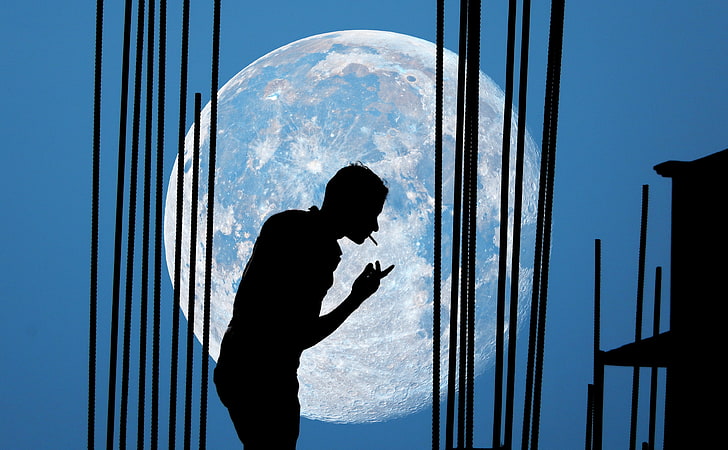 Man and Moon, Space, Silhouette, Smoking, supermoon, real people, HD wallpaper