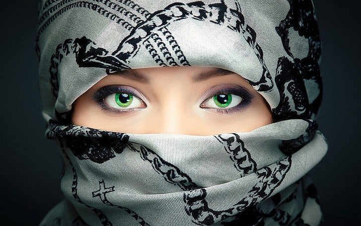 white and black niqab, green eyes, celebrity, closeup, portrait