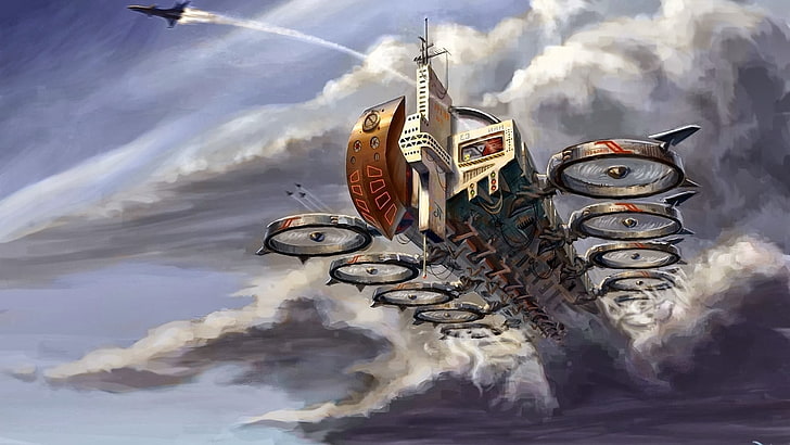 flying air craft carrier, artwork, sky, hovercraft, army, science fiction