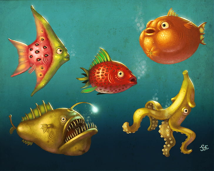 fish, underwater, food, fruit, strawberries, orange (fruit), HD wallpaper