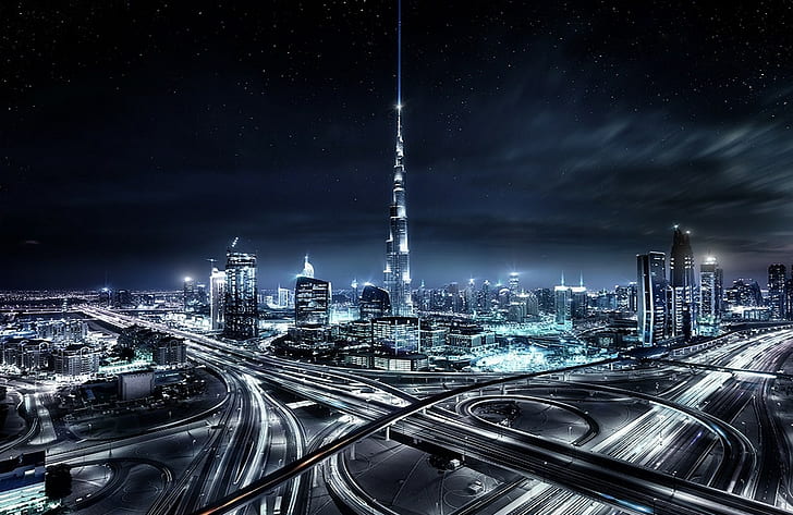 highway, mist, urban, Dubai, architecture, lights, landscape