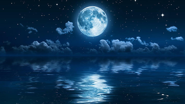 HD wallpaper: full moon, stars, sea, sky, night, night sky | Wallpaper Flare