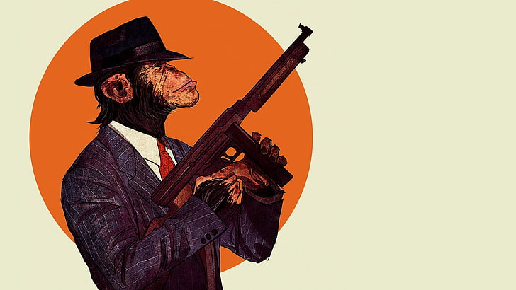 monkey holding rifle illustration, chimpanzees, gun, tommy gun, HD wallpaper