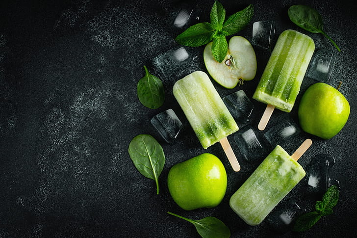 popsicle, food, fruit, apples, ice, ice cubes, mint leaves, HD wallpaper