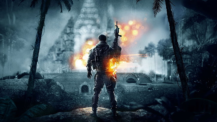 black assault rifle illustration, Battlefield 4, burning, fire - natural phenomenon