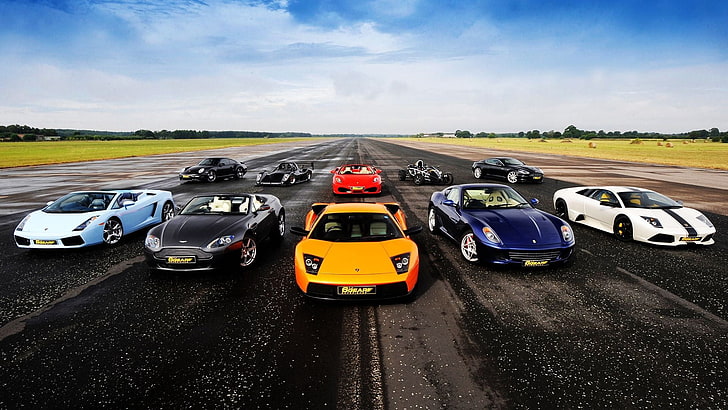 assorted-color super cars, Lamborghini, Aston Martin, Ferrari