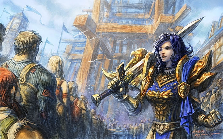 blue haired female warrior drawing, World of Warcraft, Yaorenwo, HD wallpaper